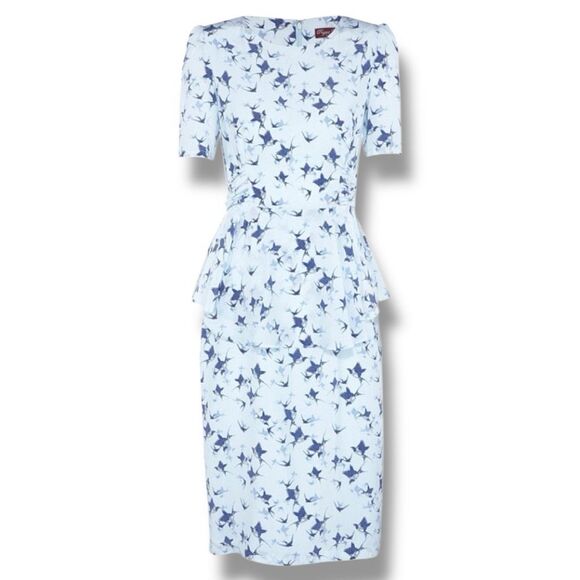 Project D London Silk Peplum Dress Blue Bird Print Retro Tea Dress Bow Detail - Picture 1 of 15